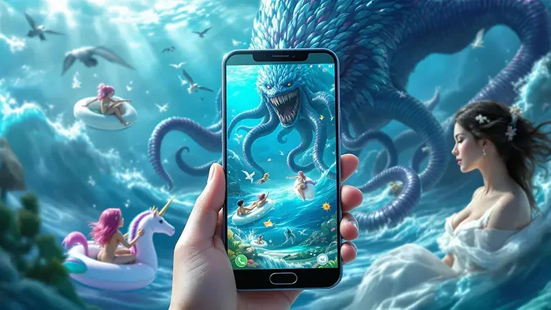 Tema laut dan karakter ikan pada layar permainan arcade